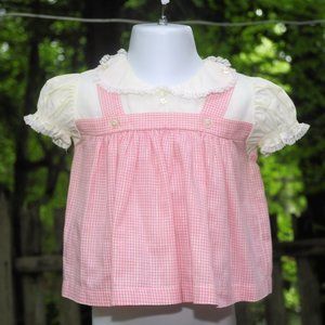 VTG 60's Baby Girls Pink Micro Gingham Check Dress w/ Gold Sparkle Threads 9-12M